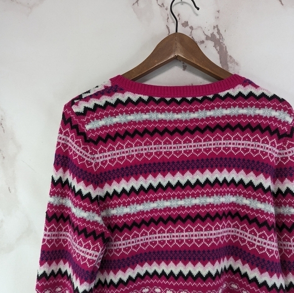 Talbots Cardigan Womens Medium Pink Lambs Wool Sweater Fair Isle Stripe Nordic - Picture 6 of 11